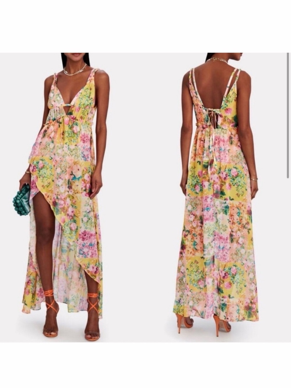 For Love & Lemons Sheer Floral Yellow and Pink Maxi w/ built-in bodysuit/bra